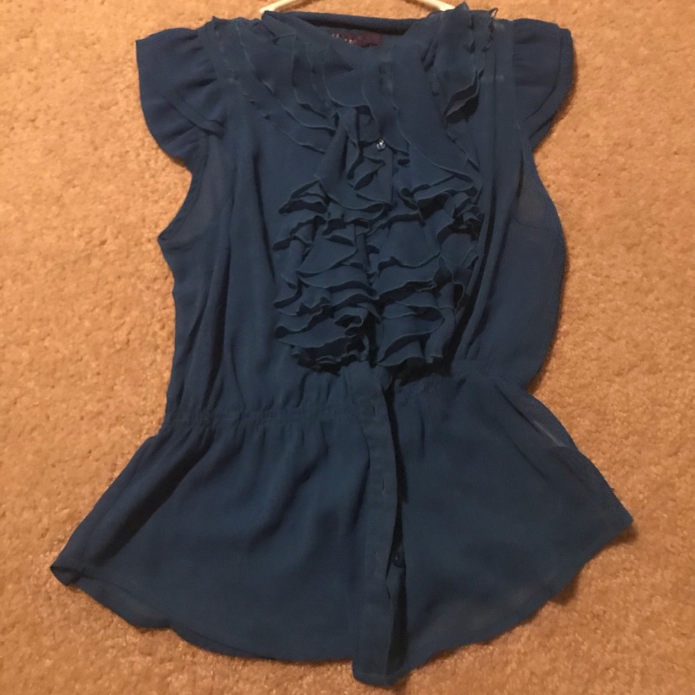 Blue Ruffle Button Up Top